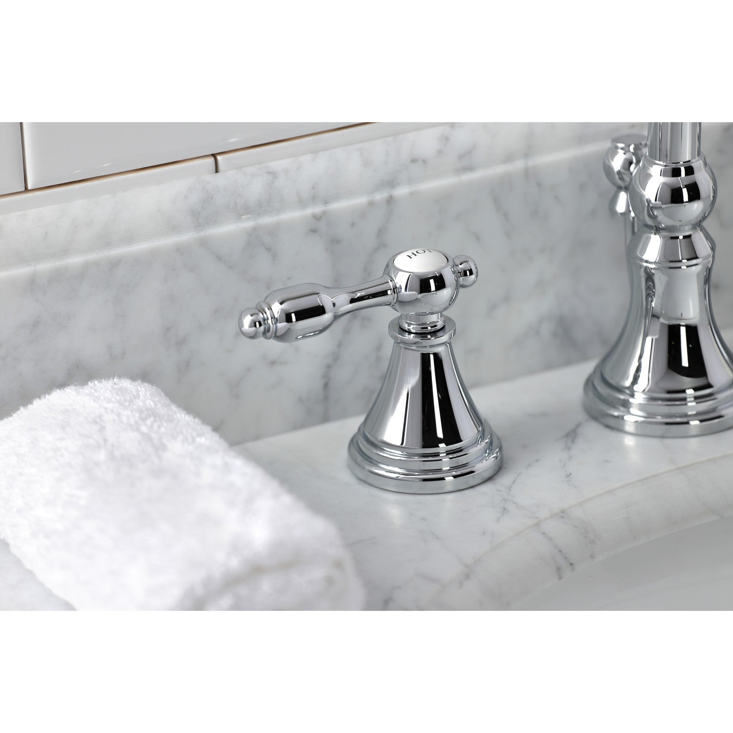 Kingston Tulare KS2981TAL - Tudor Two-Handle 3-Hole Deck Mount Widespread Bathroom Faucet with Brass Pop-Up, Polished Chrome — thumbnail 2